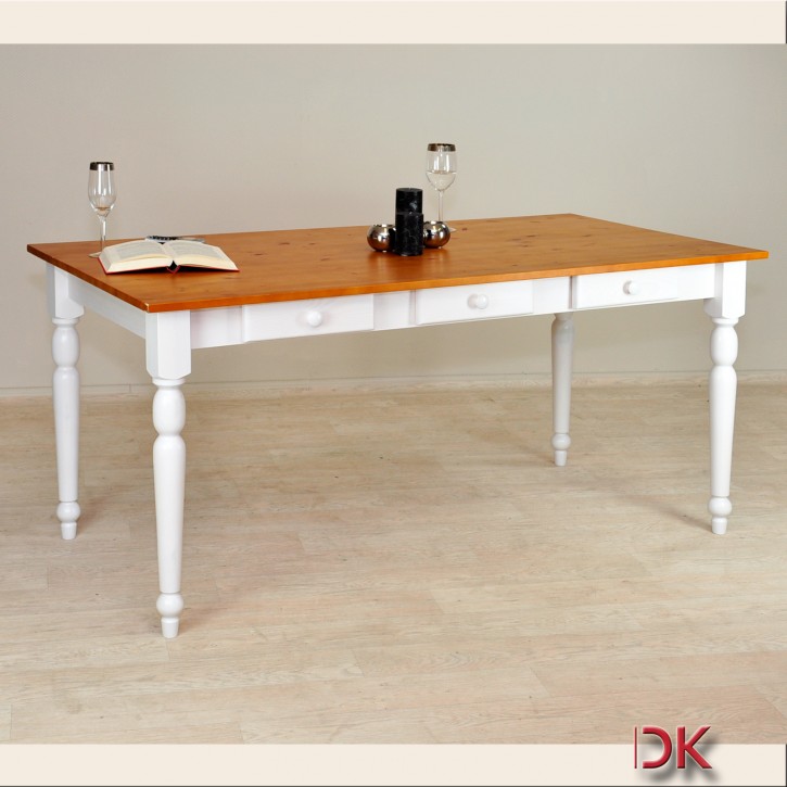 Esstisch mit 3 Schubladen 160x80 cm Kiefer massiv weiß lasiert /honig Platte Muster Abholung
